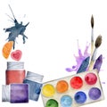 Watercolor hand drawn illustration, kids children painting materials supplies, palette splashes gouache brush crayon Royalty Free Stock Photo