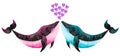 Watercolor hand drawn illustration of kissing couple of whales two colored pink and blue as male and female.
