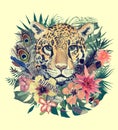 Watercolor hand drawn illustration with leopard head, flowers, leaves, feathers.