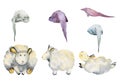 Watercolor hand drawn illustration, magical cute plush baby sheep animals, sleeping hats, cartoon toy character. Single