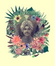 Watercolor hand drawn illustration with maharajah, flowers, leaves, feathers.