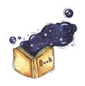 Watercolor hand drawn illustration of an open yellow book with space cosmic clouds out of it Royalty Free Stock Photo