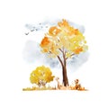 Watercolor hand drawn illustration with orange yellow autumn fall tree, bush, sky and flying birds. Wild forest woodland Royalty Free Stock Photo