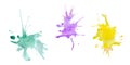 Watercolor hand drawn illustration, painting purple violet, green, yellow color splash stain splatter. Single object