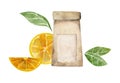 Watercolor hand drawn illustration. Paper bag for tea or coffee storage, lemon slices, green leaves. Isolated on white Royalty Free Stock Photo