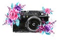 Watercolor Hand drawn illustration photo camera with peonies Royalty Free Stock Photo
