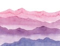 Watercolor hand drawn illustration with pink and violet waves mountains.