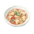 Watercolor hand drawn illustration of a plate of ravioli. Italian Cuisine. Tasty food.