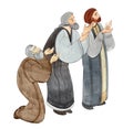 Watercolor hand drawn illustration of praying people, apostles in prayer, thanksgiving to the Lord Royalty Free Stock Photo