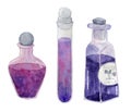 Watercolor hand drawn illustration of purple witch apothecary galsses bottle for potions occult brew, esoteric spell