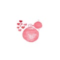 Watercolor hand drawn illustration of red bottle with odor, perfume, with hearts and feromones isolated on white background. Royalty Free Stock Photo