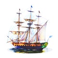 Watercolor hand drawn illustration, sailing ship, bark, military vessel with guns, reflection in water. Royalty Free Stock Photo