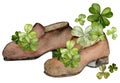 Watercolor hand drawn illustration, Saint Patrick holiday. Leprechaun boots shoes, green lucky clover shamrock. Ireland