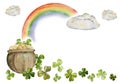 Watercolor hand drawn illustration, Saint Patrick holiday. Leprechaun pot, gold coins, rainbow, lucky clover. Ireland Royalty Free Stock Photo