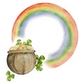 Watercolor hand drawn illustration, Saint Patrick holiday. Leprechaun pot, gold coins, rainbow, lucky clover. Ireland Royalty Free Stock Photo