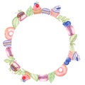 Watercolor hand drawn illustration set of a wreath of sweets,donuts,macaron, candies,cupcake, mini cake,berries,mint leaf.