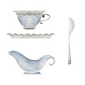 Watercolor hand drawn illustration. Tea cup, saucer, creamer of white and blue porcelain, spoon. Isolated object on Royalty Free Stock Photo