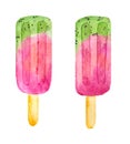 Watercolor hand drawn illustration of two pink green red fruit popsicles ice cream. Kiwi watermelon berry dessert. Sweet tasty Royalty Free Stock Photo