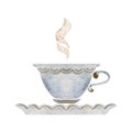 Watercolor hand drawn illustration. White and gold porcelain tea cup on saucer, teaware, kitchen crockery. Isolated on Royalty Free Stock Photo