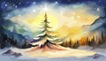 Watercolor hand drawn illustration with Winter Forest. Winter Landscape with Christmas trees. Royalty Free Stock Photo