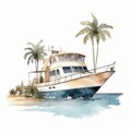 Watercolor hand drawn illustration yacht and beach on white background generative AI