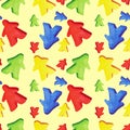 Watercolor hand drawn illustrations Seamless pattern with colorful meeples - elements of board games