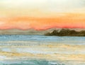 Watercolor Hand drawn image of sea sunset
