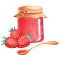 Watercolor hand drawn jar with strawberry jam in jar with ripe red berries and wooden spoon. Isolated Royalty Free Stock Photo