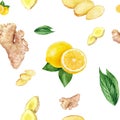 Watercolor hand drawn lemon, ginger seamless pattern.