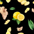 Watercolor hand drawn lemon, ginger seamless pattern.