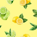 Watercolor hand drawn lemon, lime fruit seamless pattern.