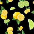 Watercolor hand drawn lemon, lime fruit seamless pattern.