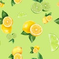 Watercolor hand drawn lemon, lime fruit seamless pattern.