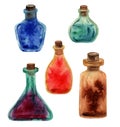 Watercolor hand-drawn little bottles of glass in different shapes and colors. Royalty Free Stock Photo
