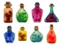 Watercolor hand drawn little bottles of glass in different shapes and colors Royalty Free Stock Photo