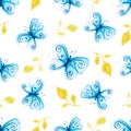 watercolor hand drawn magical fairy blue butterflies with leaves seamless pattern Royalty Free Stock Photo