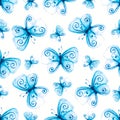 watercolor hand-drawn magical fairy blue butterflies seamless pattern Royalty Free Stock Photo