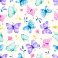 watercolor hand drawn magical fairy butterflies, flowers, and leaves seamless pattern Royalty Free Stock Photo