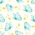 watercolor hand drawn magical fairy green butterflies with leaves seamless pattern Royalty Free Stock Photo