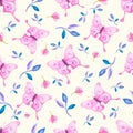 watercolor hand drawn magical fairy pink butterflies, flowers, and leaves seamless pattern Royalty Free Stock Photo