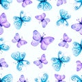 watercolor hand drawn magical fairy purple and blue butterflies seamless pattern