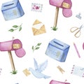 Watercolor hand-drawn mail pattern with mailboxes, postmark, scissors, pencil, envelope, letter