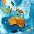 Watercolor hand drawn map of Australia. Watercolour illustration