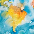 Watercolor hand drawn map of South America. Watercolour illustration. Royalty Free Stock Photo