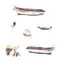 Watercolor hand-drawn maritime set illustration Fishing boats, stone pier, bollard, buoy. Isolated. Royalty Free Stock Photo