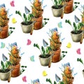 Watercolor hand drawn mini gardenin seamless pattern