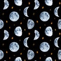 Watercolor hand drawn moon phases and stars seamless pattern isolated on black background. Space print