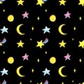 Watercolor hand drawn multi colored stars, moon and comets seamless pattern isolated on black background Royalty Free Stock Photo