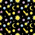 Watercolor hand drawn multi colored stars, moon, sun and comets seamless pattern isolated on black background. Royalty Free Stock Photo