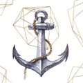 Watercolor hand drawn nautical / marine / geometric illustration with anchor, rope and golden shape crystal arrangement